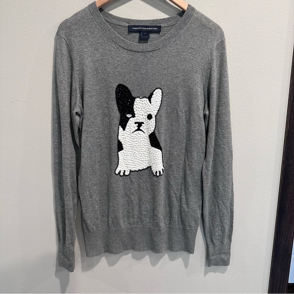 French Connection Grey Bulldog Beaded Sequins Knit Sweater Size Large - Picture 2 of 15